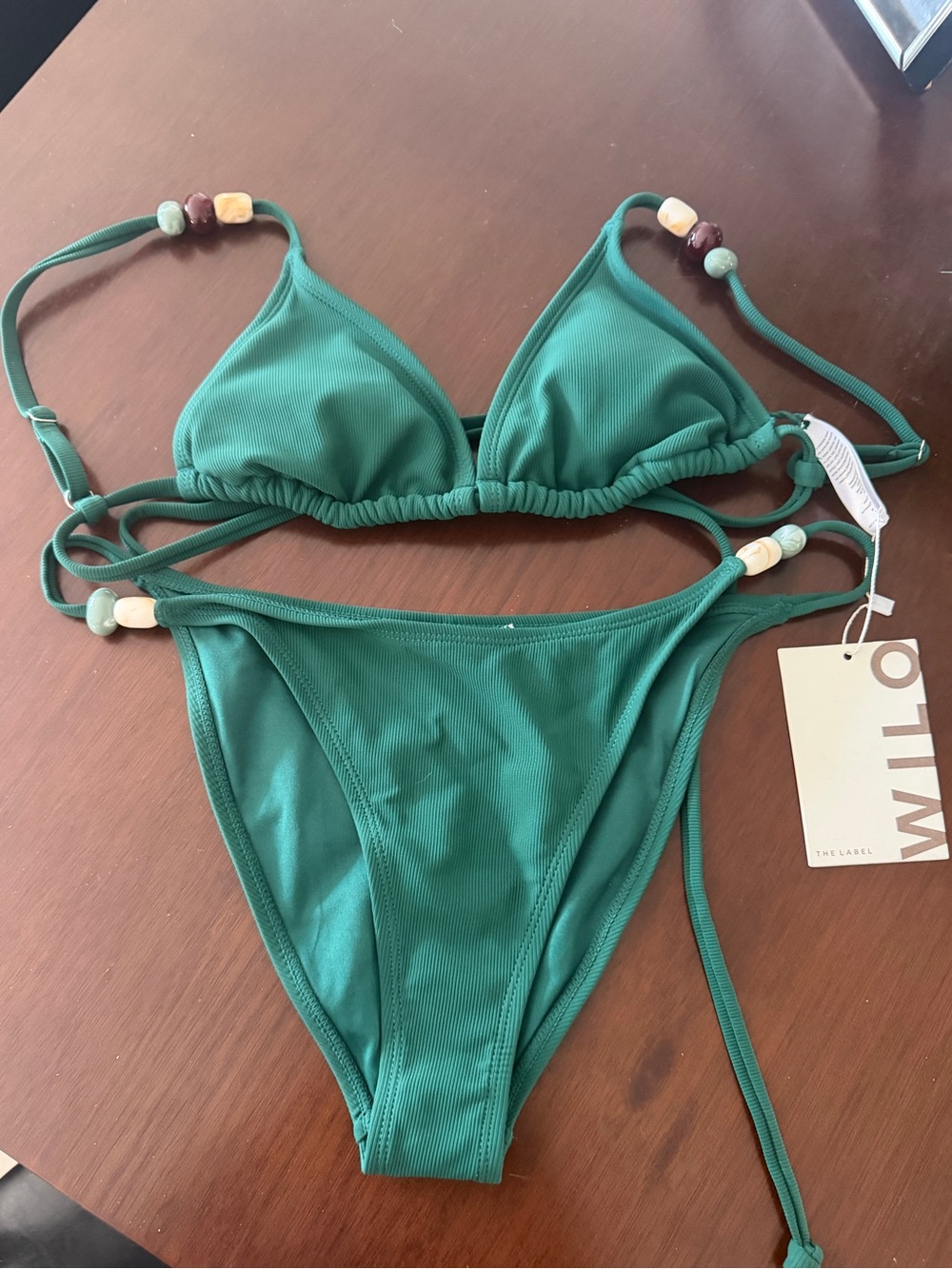 WILO Green Ribbed Triangle Bikini with Decorative Beads NEW w tags
